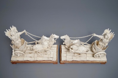 A pair of large Chinese ivory 'warriors on horse chariots' groups, late 19th C.