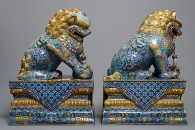 A pair of large Chinese cloisonn&eacute; buddhist lions, 19/20th C.