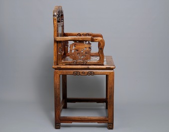A Chinese marble-inset carved wood chair, early 20th C.