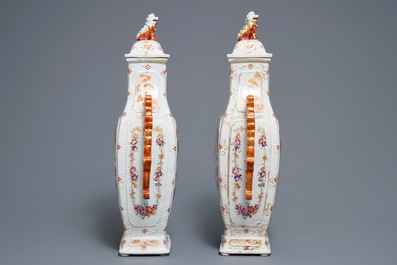 A pair of Chinese famille rose dragon-handle vases, Qianlong