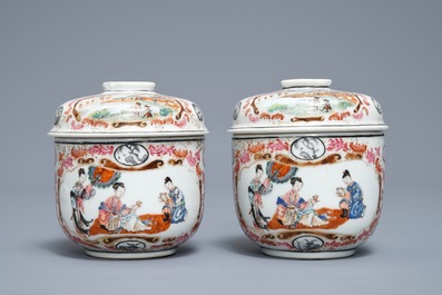 A pair of Chinese famille rose bowls and covers, Yongzheng/Qianlong