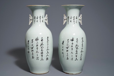 A pair of Chinese qianjiang cai vases with figures in a garden, 19/20th C.