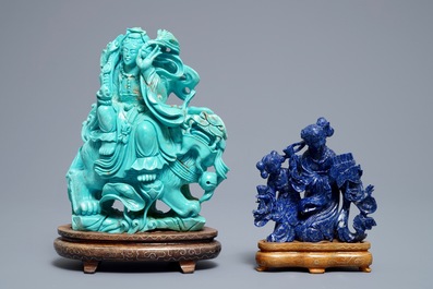 Two Chinese carved lapis lazuli and turquoise figures, 20th C.