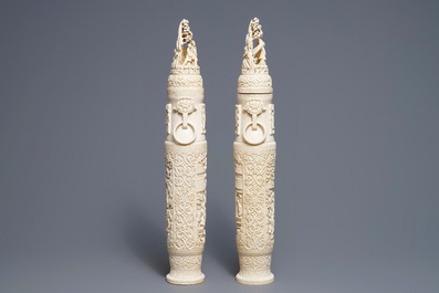 A pair of large Chinese ivory vases and covers, ca. 1900