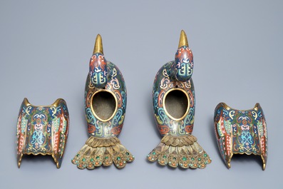 A pair of Chinese cloisonn&eacute; and inlaid gilt silver peacock censers, 19th C.