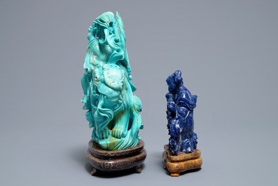 Two Chinese carved lapis lazuli and turquoise figures, 20th C.