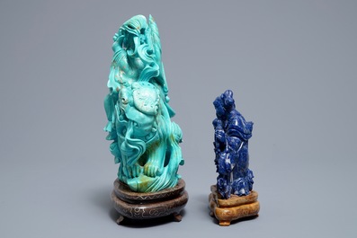 Twee Chinese figuren in turkoois en lapis lazuli, 20e eeuw