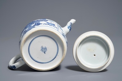 A Chinese blue and white teapot and cover with 'antiquities' design, Kangxi