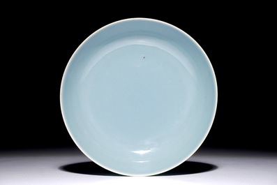 A Chinese monochrome clair-de-lune-glazed saucer dish, Qianlong mark, 19/20th C.