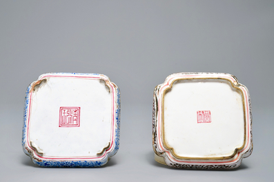 Deux coupes de forme carr&eacute;e en &eacute;maux de Canton, Chine, Qianlong