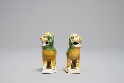 A pair of Chinese verte biscuit incense holders in the shape of lions, Ca Mau wreck, Yongzheng