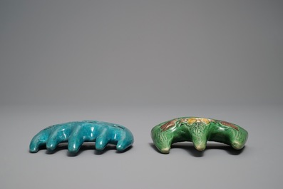 Two Chinese turquoise-glazed and verte biscuit brush rests, Kangxi