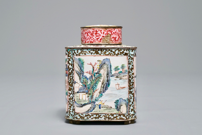 A Chinese Canton enamel tea caddy and cover, Qianlong