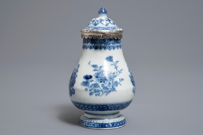 A Chinese blue and white silver-mounted armorial jug and cover, Qianlong