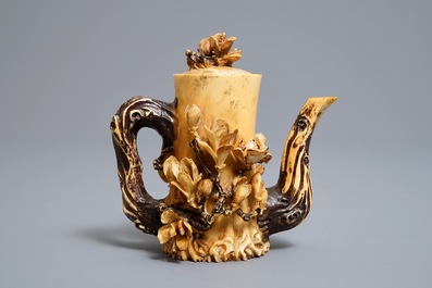A Chinese polychrome ivory teapot and cover, 19/20th C.