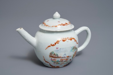 A Chinese famille rose teapot with European lumberjacks, Qianlong