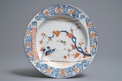 A Chinese Imari style teapot and a plate with bird on parchment design, Kangxi/Yongzheng