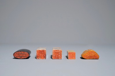 Five Chinese soapstone and wood seals, 19/20th C.
