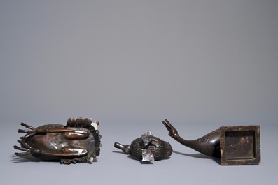 Three Chinese bronze incense burners and covers modelled as ducks and geese, 18/19th C.