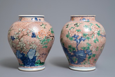 A pair of Chinese wucai jars with birds and flowers, Transitional period