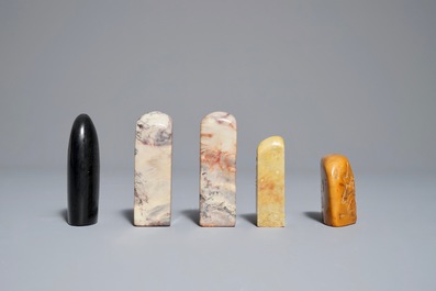 Five Chinese soapstone and wood seals, 19/20th C.