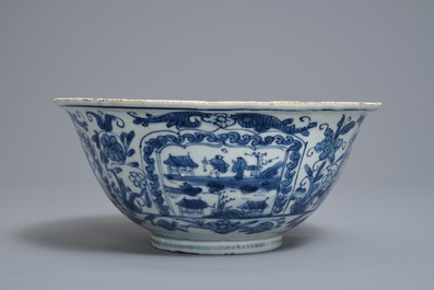 A Chinese blue and white figurative panel bowl, Wanli