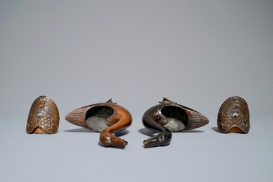 A pair of Chinese bronze duck-shaped incense burners and covers, 18th C.