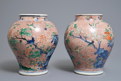 A pair of Chinese wucai jars with birds and flowers, Transitional period