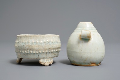 A small Chinese qingbai tripod censer and a water dropper, Song or Yuan