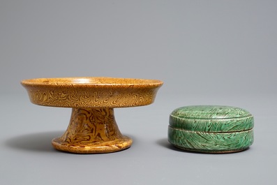 A Chinese marbled ware stem bowl and box with cover, Song or later