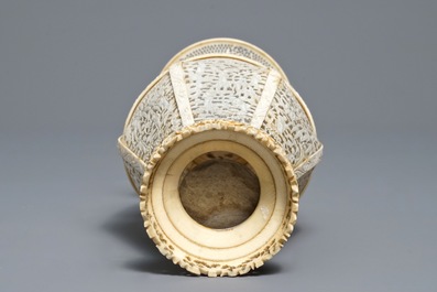 A fine Chinese reticulated ivory two-handled vase, Canton, 19th C.