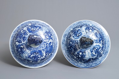A pair of large Chinese blue and white vases and covers, Kangxi