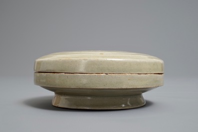 A Chinese grey-glazed round box and cover with underglaze design, Northern Song or later