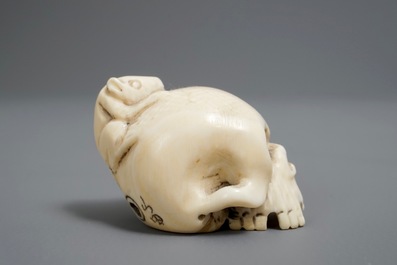 Een Japanse ivoren netsuke in de vorm van een schedel, Meiji/Showa, 19/20e eeuw