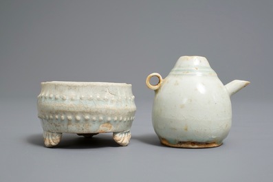 A small Chinese qingbai tripod censer and a water dropper, Song or Yuan