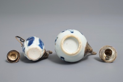 Two Chinese blue and white silver-mounted miniature teapots, Kangxi