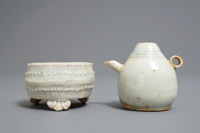 A small Chinese qingbai tripod censer and a water dropper, Song or Yuan