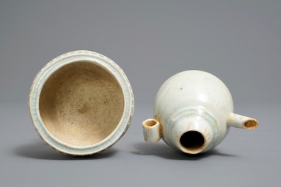 A small Chinese qingbai tripod censer and a water dropper, Song or Yuan