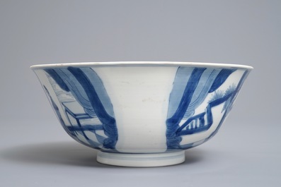 A Chinese blue and white bowl with figures in a room, Xuande mark, Kangxi