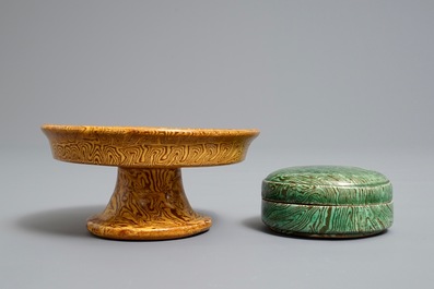 A Chinese marbled ware stem bowl and box with cover, Song or later