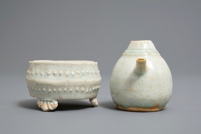 A small Chinese qingbai tripod censer and a water dropper, Song or Yuan