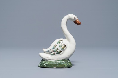A polychrome Dutch Delft model of a swan, 18th C.