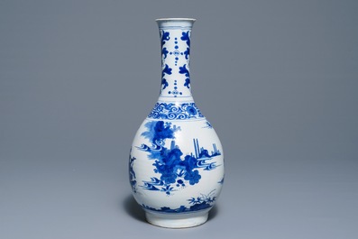 A tall Dutch Delft blue and white chinoiserie bottle vase, Nevers, France, 17th C.