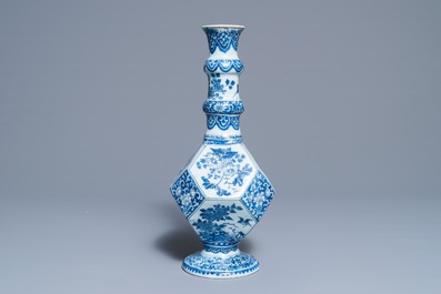 A Dutch Delft blue and white facetted bottle vase, last quarter 17th C.