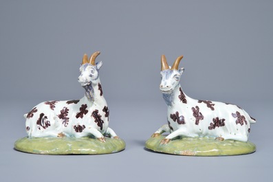 A pair of polychrome Dutch Delft models of goats, 18th C.