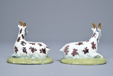 A pair of polychrome Dutch Delft models of goats, 18th C.