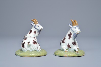 A pair of polychrome Dutch Delft models of goats, 18th C.