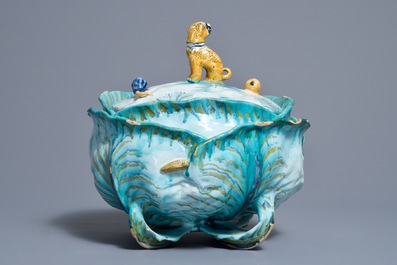 A Brussels faience tureen and cover on stand with butterflies and caterpillars, 18th C.