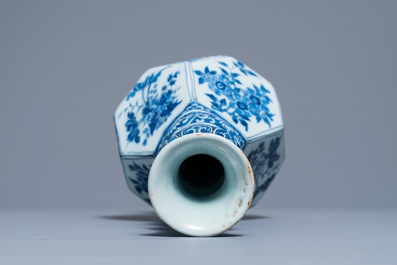 A Dutch Delft blue and white facetted bottle vase, last quarter 17th C.