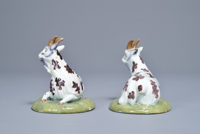 A pair of polychrome Dutch Delft models of goats, 18th C.